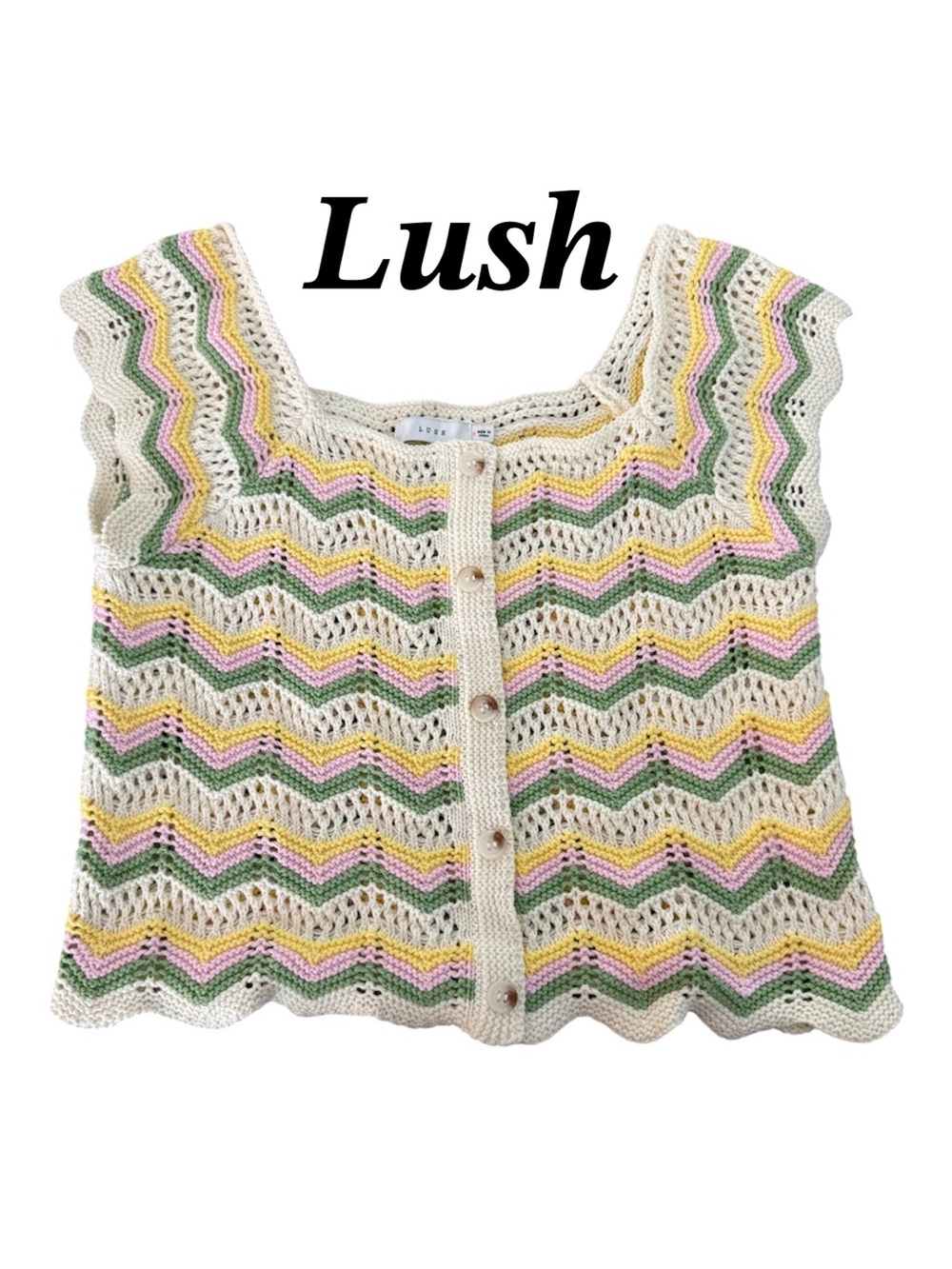 Lush Cream Crochet Zigzag Button-Front Top Size M